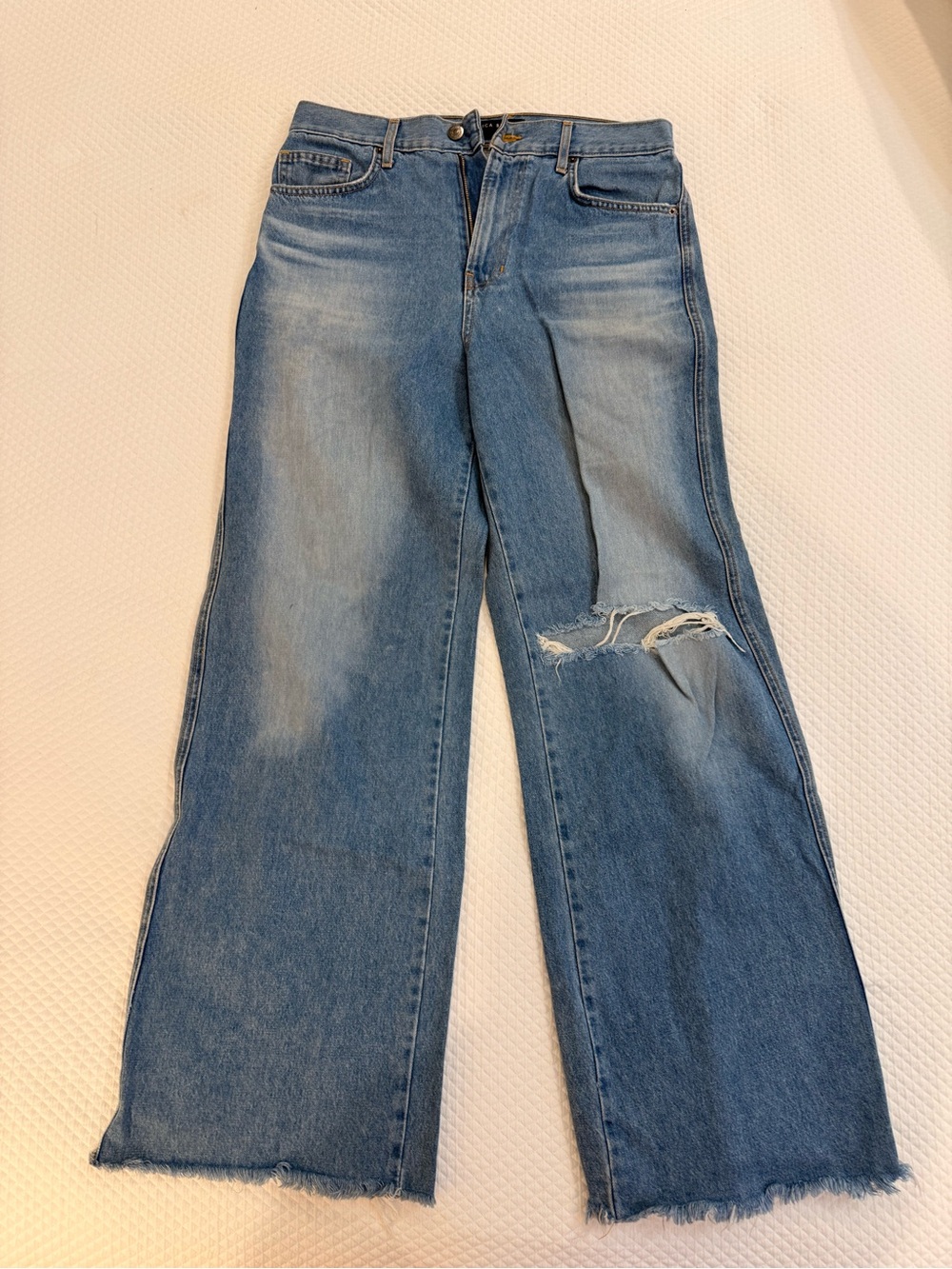 Veronica Beard Mid-Blue Wide-Leg Distressed Jeans